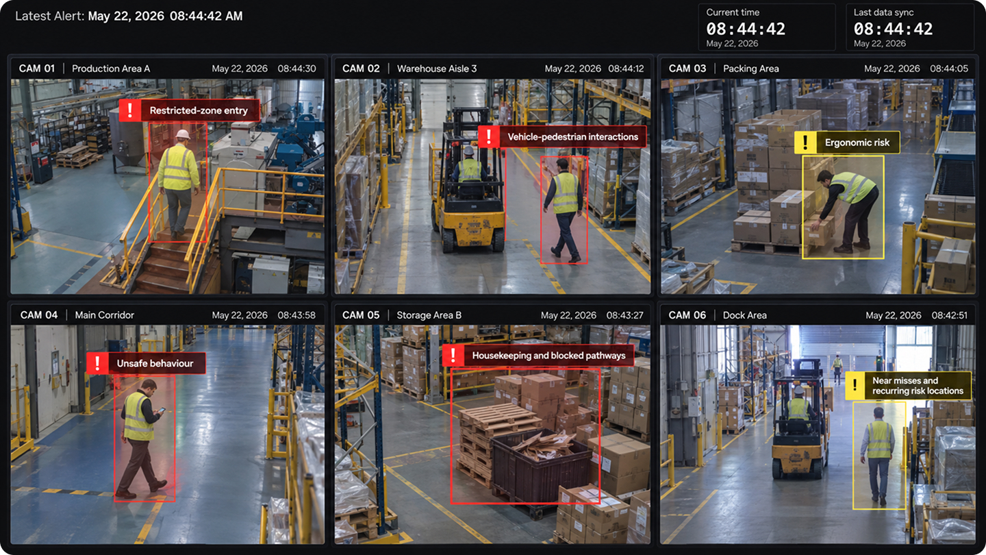 Camera-based safety reporting dashboard showing AI-detected risks across multiple facility camera feeds