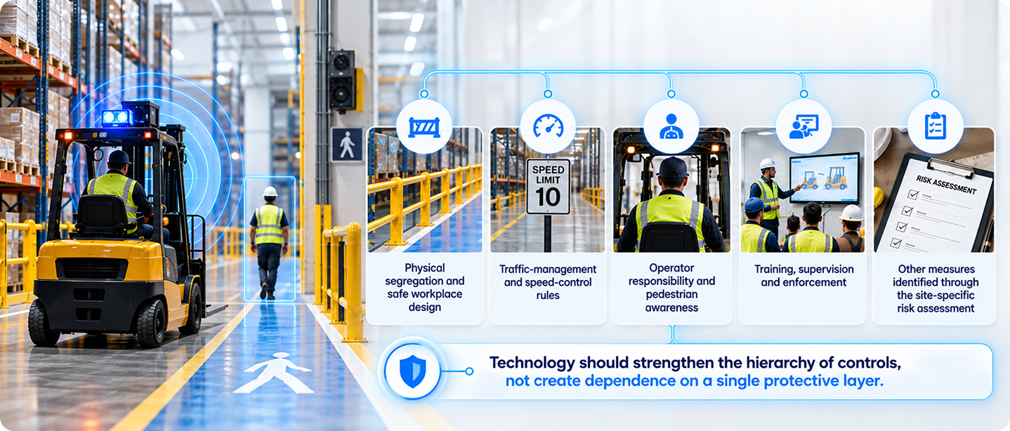 Safety assistance reinforces established controls including workplace design, traffic rules, training, and site-specific risk assessment